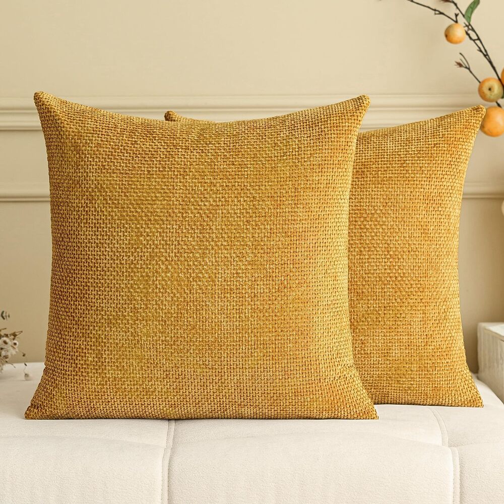 7964 Fall Mustard Yellow Chenille Throw Pillow Covers 22x22 Inch Pack of 2